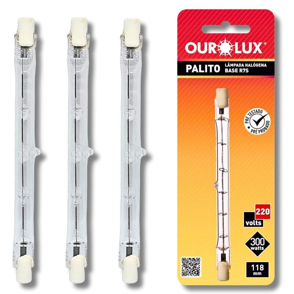 Kit 3 Lâmpadas Halógena Palito 300W 220V J118 Ourolux