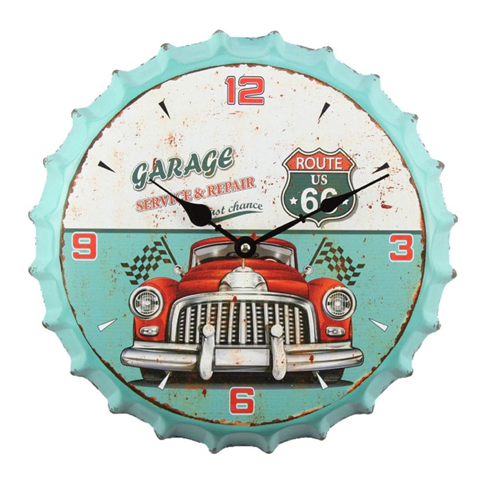 Relógio de parede Vintage Garage Retro com design de tampa de garrafa de 30 cm