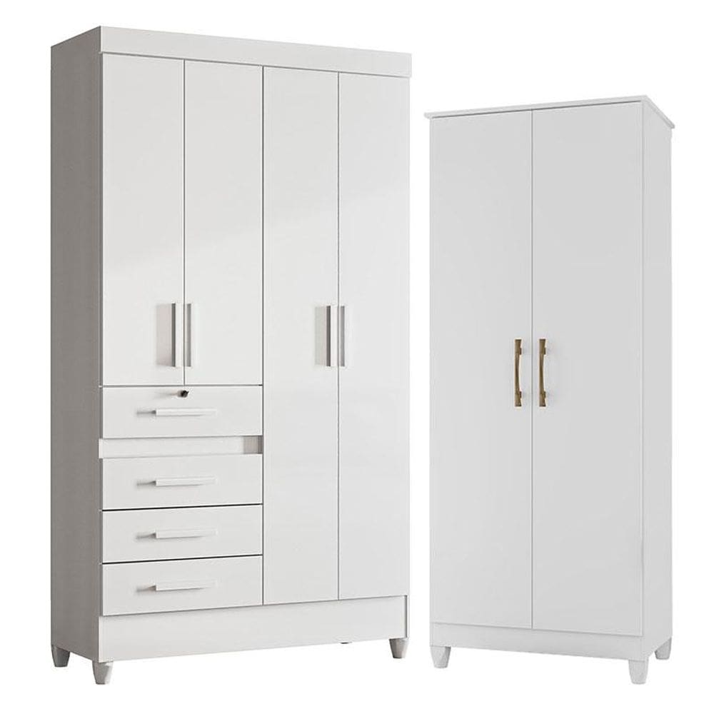 Guarda Roupa Infantil Sobral e Armário Multiuso Jade Branco Brilho - Moval