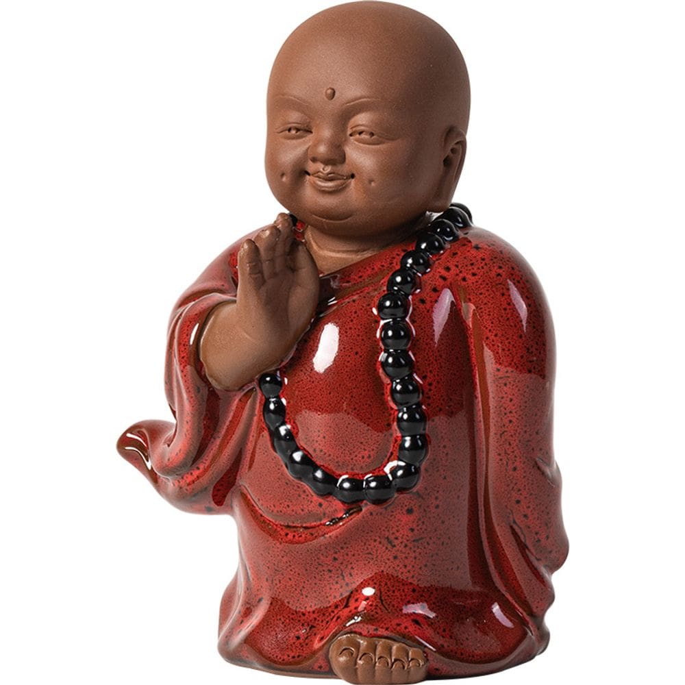 Escultura: figura de monge zen em cerâmica, estrela budista tradicional