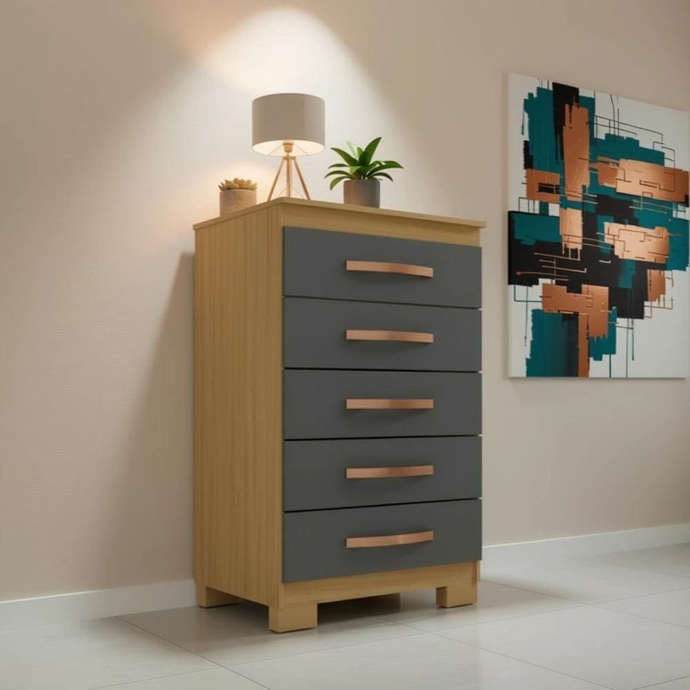 Cômoda 5 Gavetas Compacta Para Quarto Carvalho Grafite