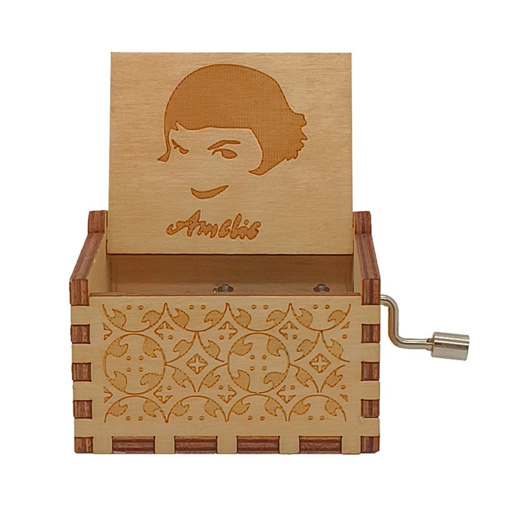 Caixa de música com manivela de madeira com design inspirado em Amelies