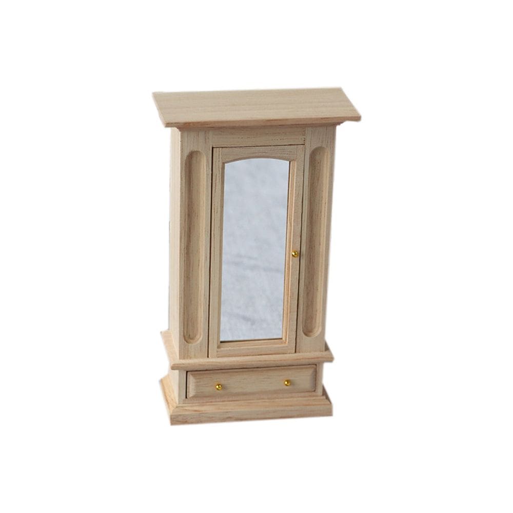 Armário de casa de bonecas em miniatura de madeira com espelho em escala 1:12