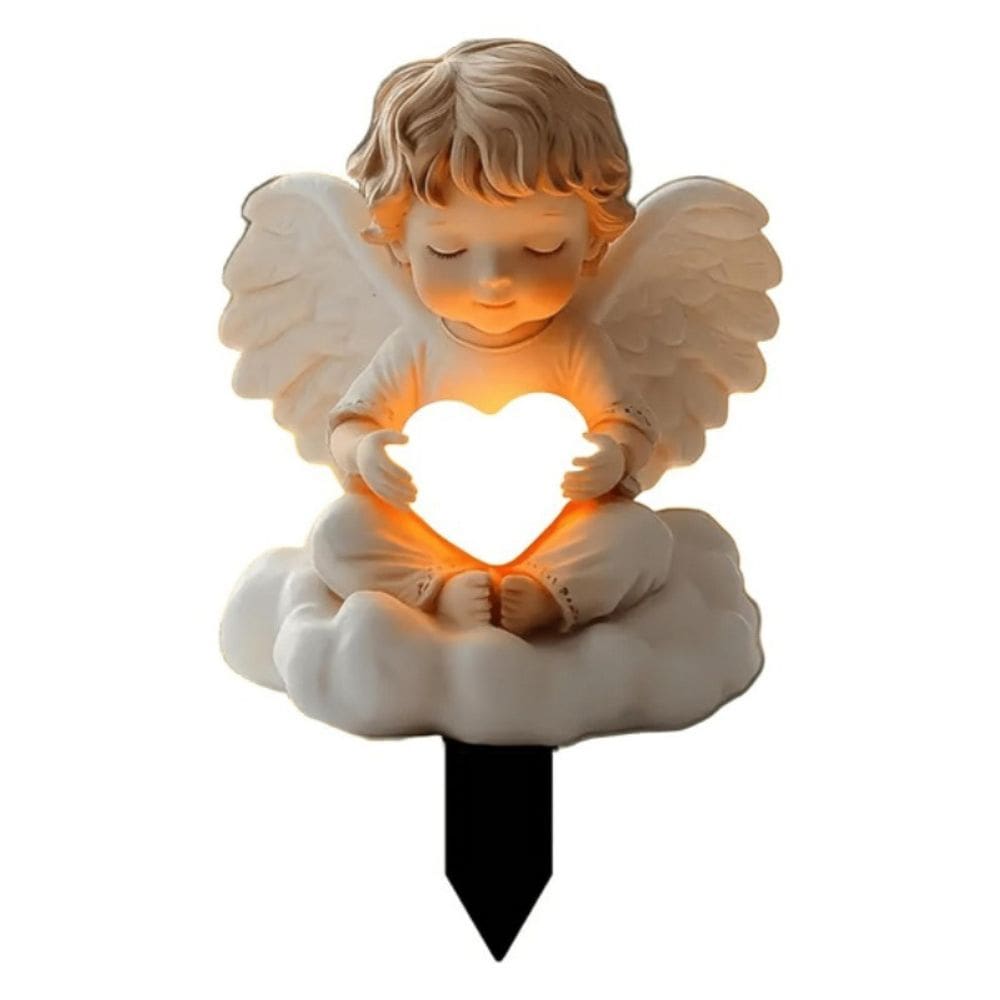 Estatueta de anjo com luz de coração, escultura em resina 3D de 20 cm ao ar livre