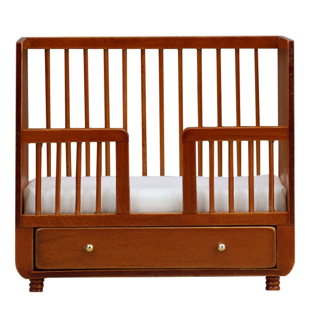 Berço de madeira para móveis de casa de bonecas em miniatura com gaveta em escala 1:12