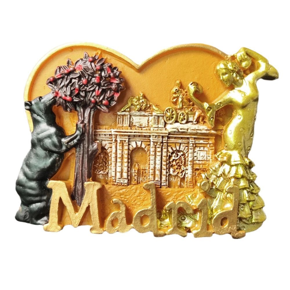 Ímã de geladeira feito à mão em resina 3D de Madrid dourada espanhola La