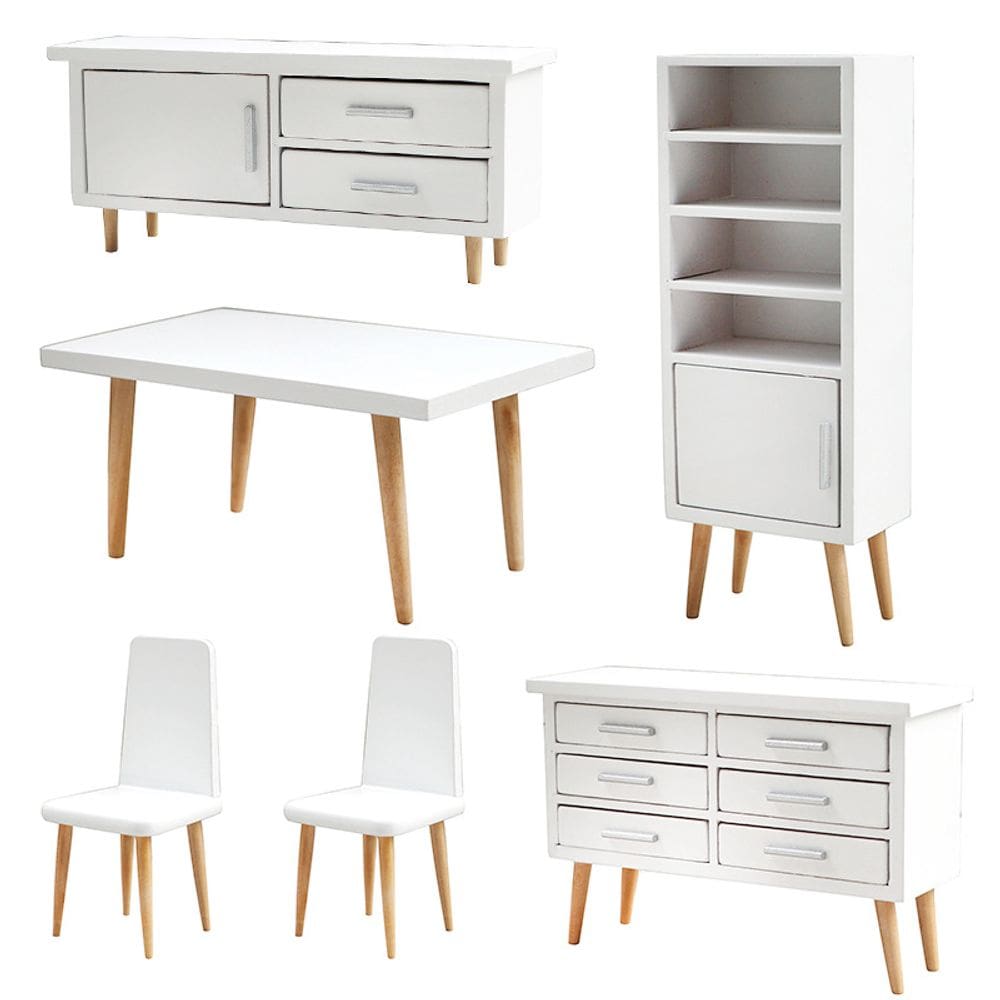 Conjunto de móveis de casa de bonecas em miniatura, bétula de madeira de 6 peças