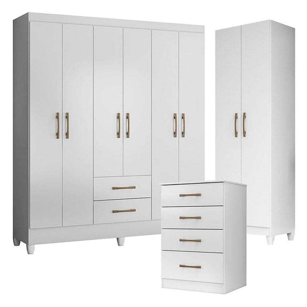 Guarda Roupa Casal Panamá com Cômoda MS913 e Armário Multiuso New Íris Branco Brilho- Moval