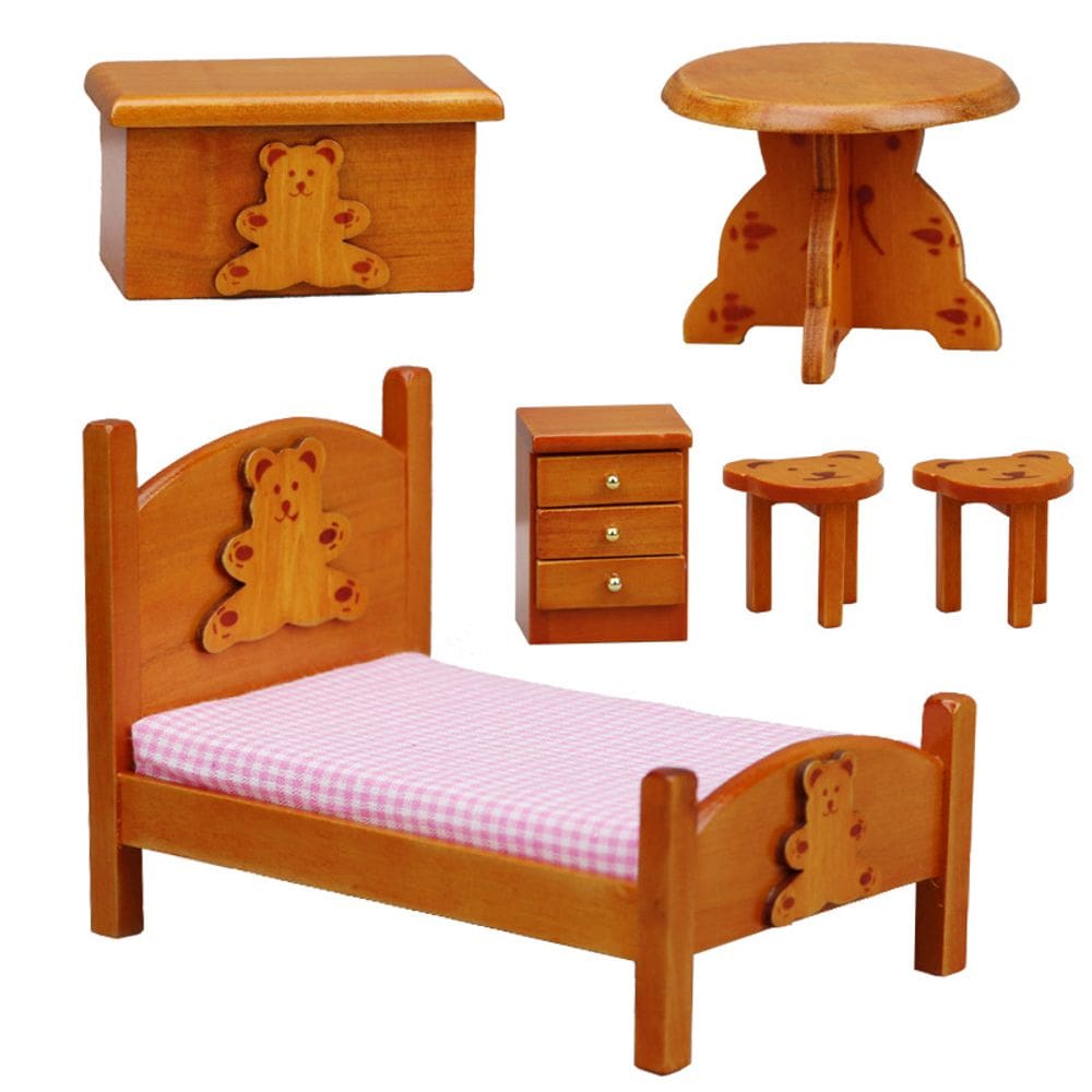Conjunto de quarto de casa de bonecas em miniatura, cama de madeira com design de urso