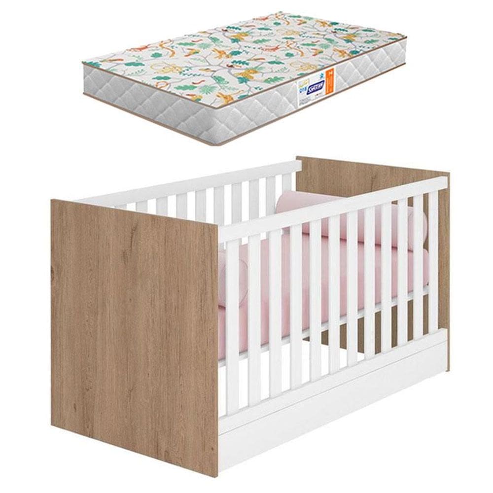 Berço Americano 100 Doce Sonho Carvalho Rústico TOQ Branco com Colchão Gazin - Qmovi