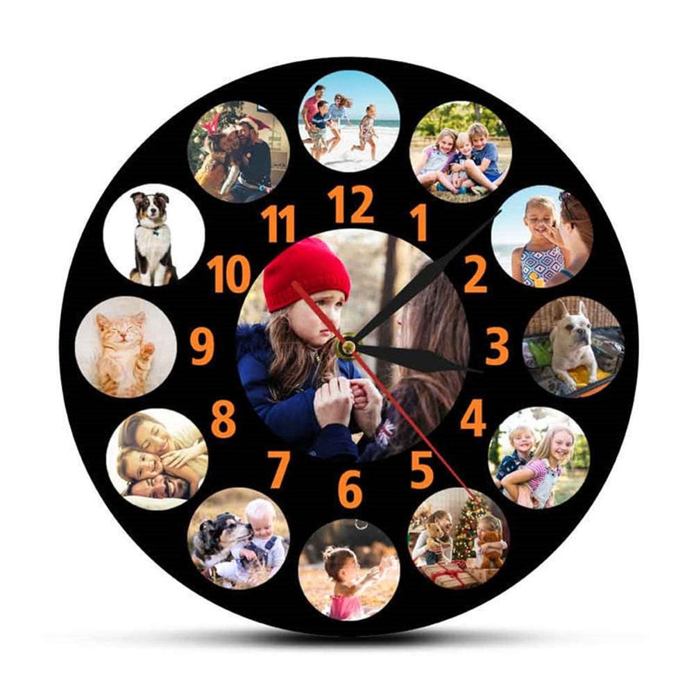 Relógio de parede, colagem de fotos personalizada, 12 molduras, acrílico, 30 cm