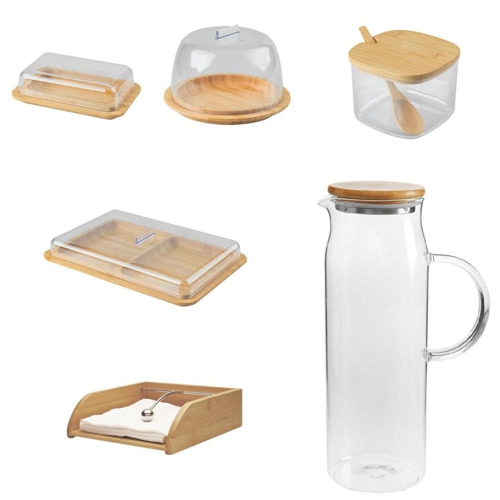 Kit 6 Peças Mesa Posta Linha Bambu Com Jarra De Vidro Ou