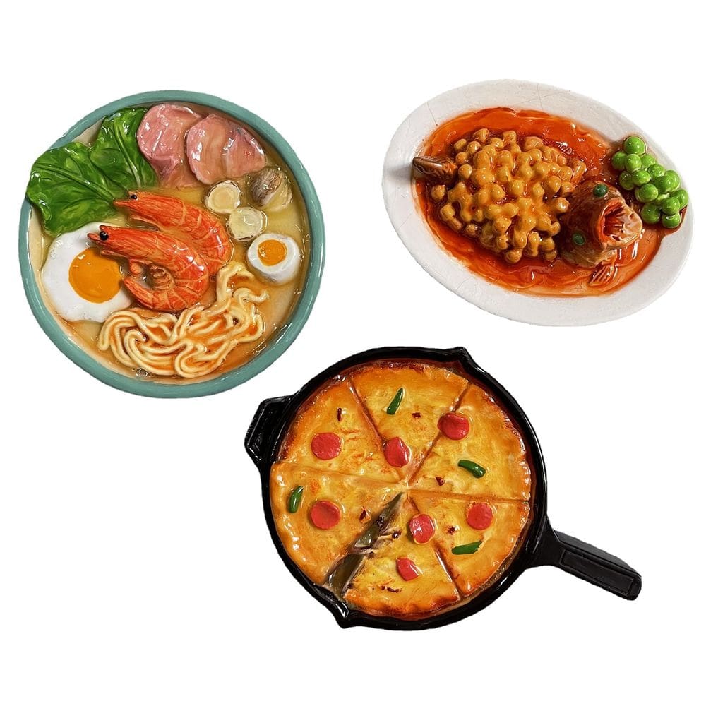 Conjunto de ímãs de geladeira, 3 peças de resina 3D para alimentos, macarrão chinês, pizza