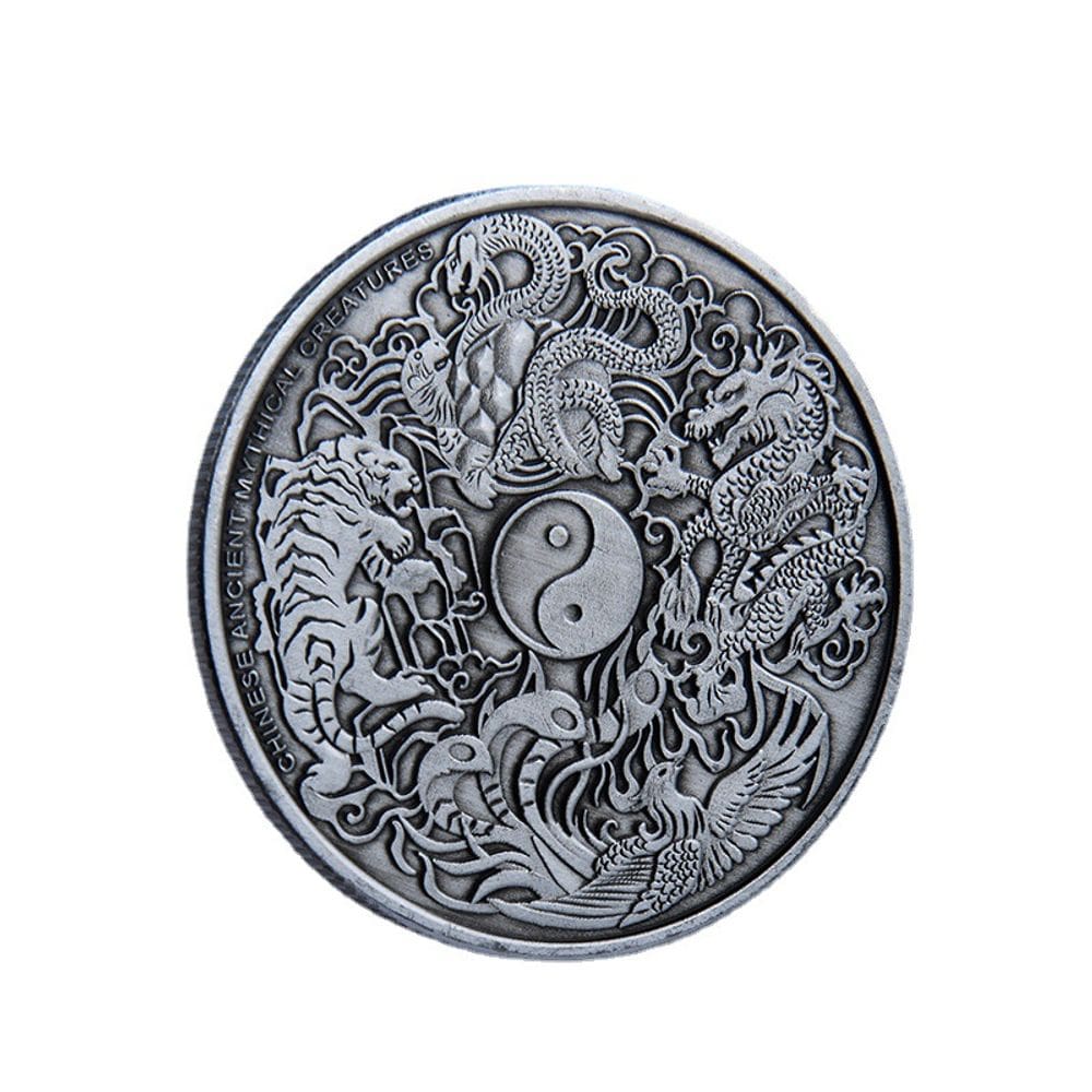 Moeda comemorativa de quatro criaturas míticas chinesas de ferro