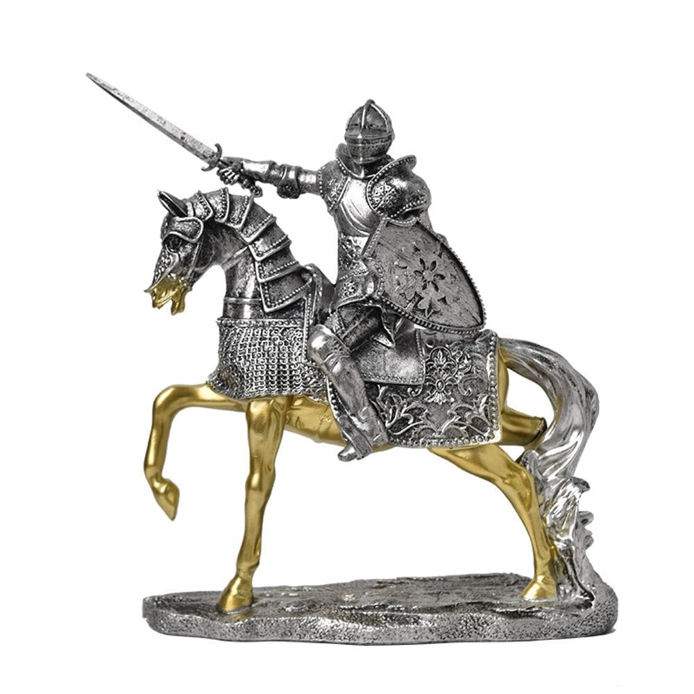 Escultura: Cavaleiro a cavalo, estátua de resina, armadura medieval, 25 cm