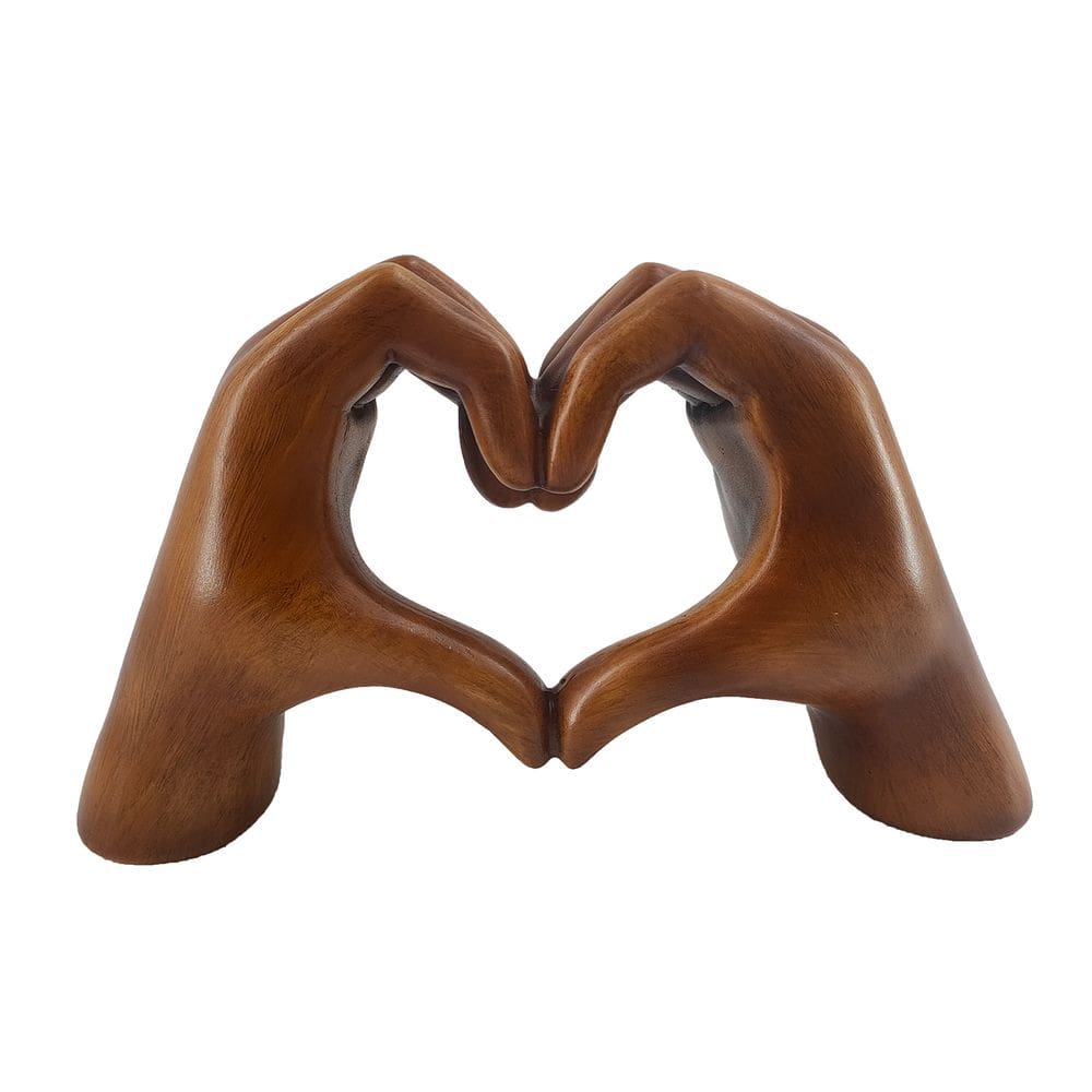 Escultura, resina, coração de mão, decoração moderna com aparência de madeira, 24,9 cm