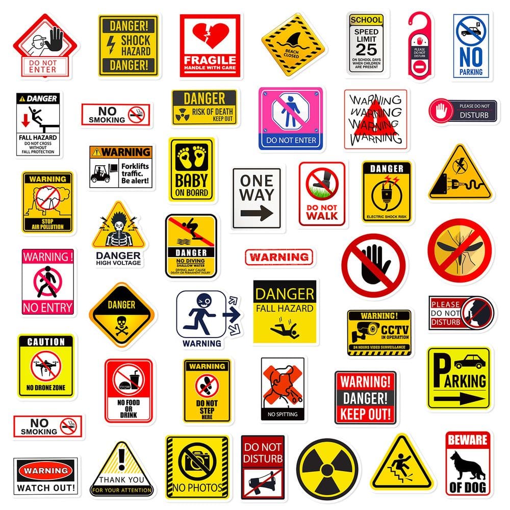 Conjunto de adesivos, sinais de aviso, pacote com 50 unidades, vinil autoadesivo