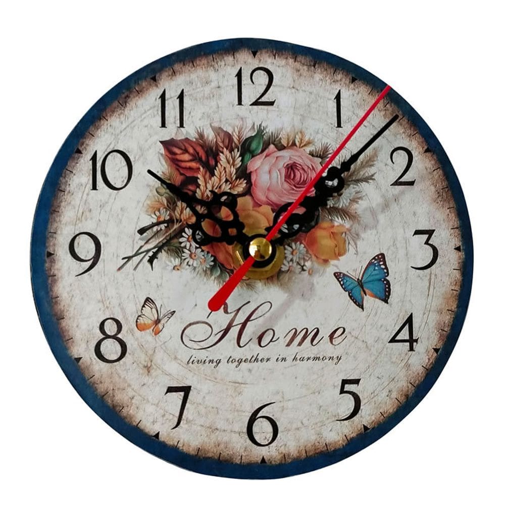 Relógio de parede vintage com design floral borboleta e rosa de 15 cm