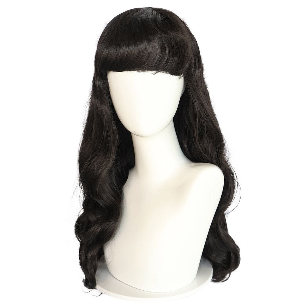 Peruca de 62 cm de comprimento ondulada com franja de ar para mulheres em preto natural