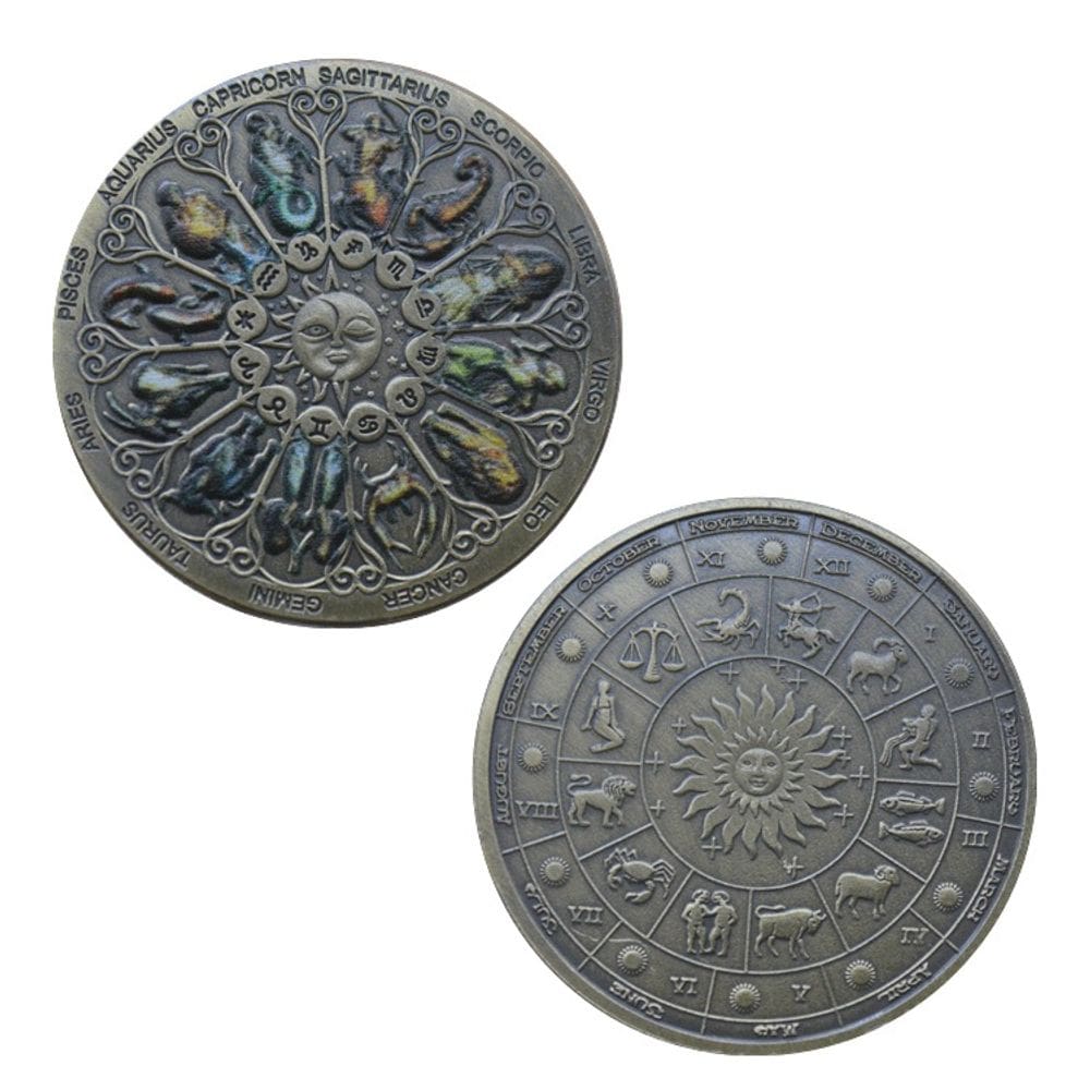 Moeda comemorativa de bronze antigo com 12 constelações do Zodíaco