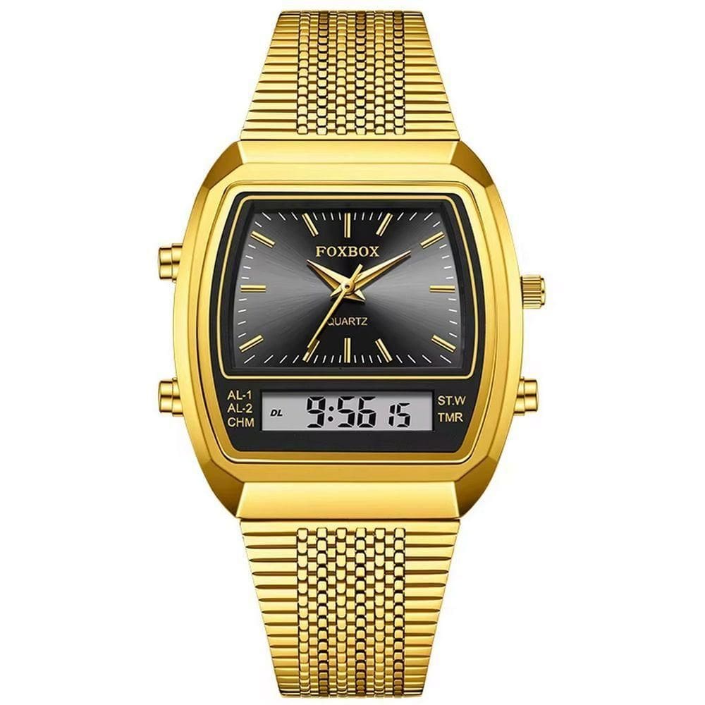 Relógio Esportivo Digital à Prova Dágua Em Aço Inoxidavel Masculino Preto Dourado