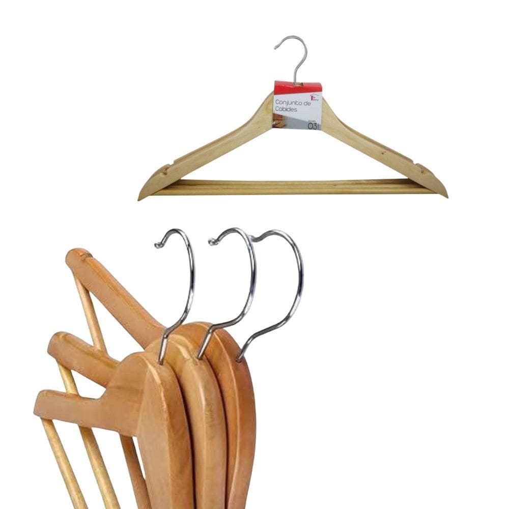 Kit Com 3 Cabides De Madeira Com Verniz Gancho Giratório