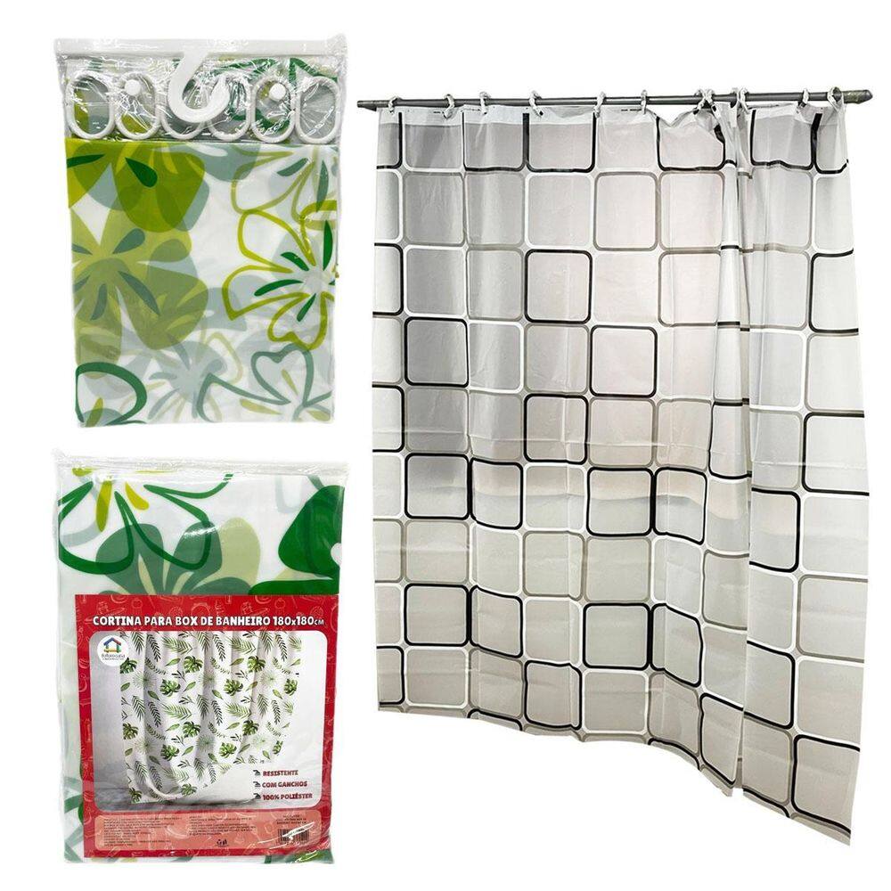 Cortina Box Banheiro Poliéster Com Ganchos 180Cmx180Cm