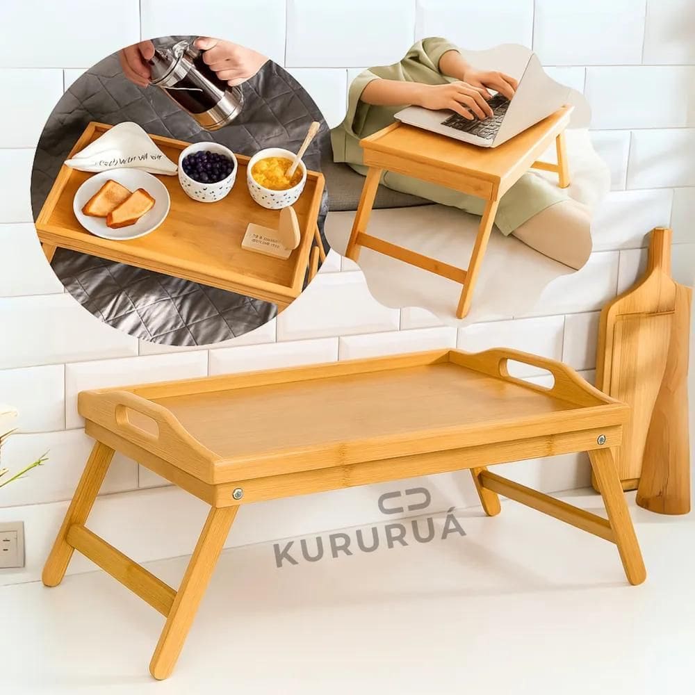Bandeja Café Da Manha Na Cama Em Bambu Pés Dobraveis 50X30Cm