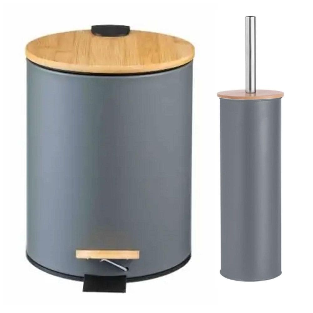 Kit Lixeira 12 Litros Bambu Com Pedal + Escova Bambu Cinza