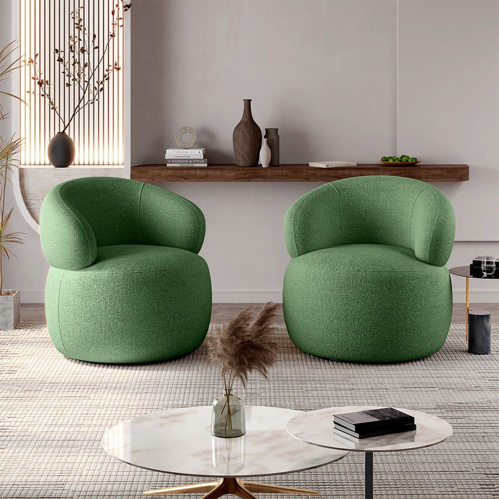Conjunto 2 Poltronas Orgânica Funcional Atemporal Base Giratória Eloah Bouclé Italiano Verde Selva