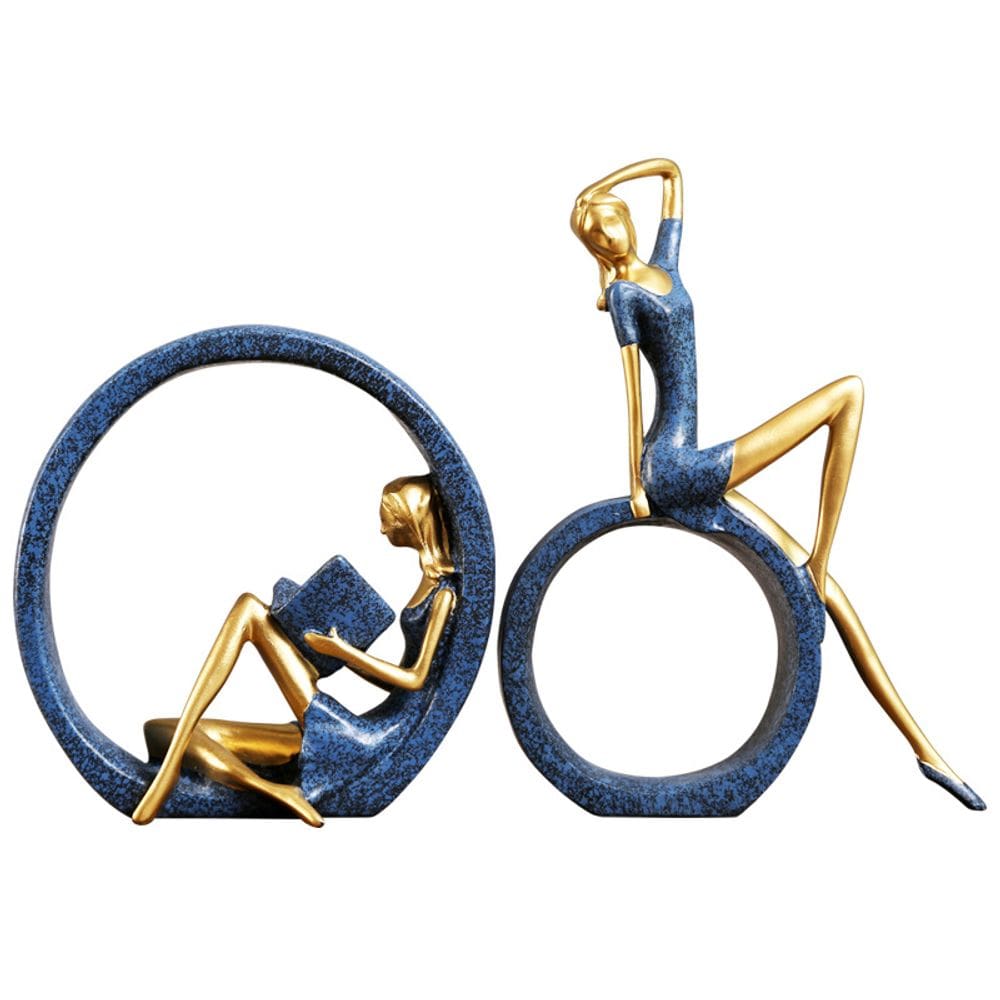 Conjunto de esculturas, arte nórdica, resina, leitura, menina e pose de ioga