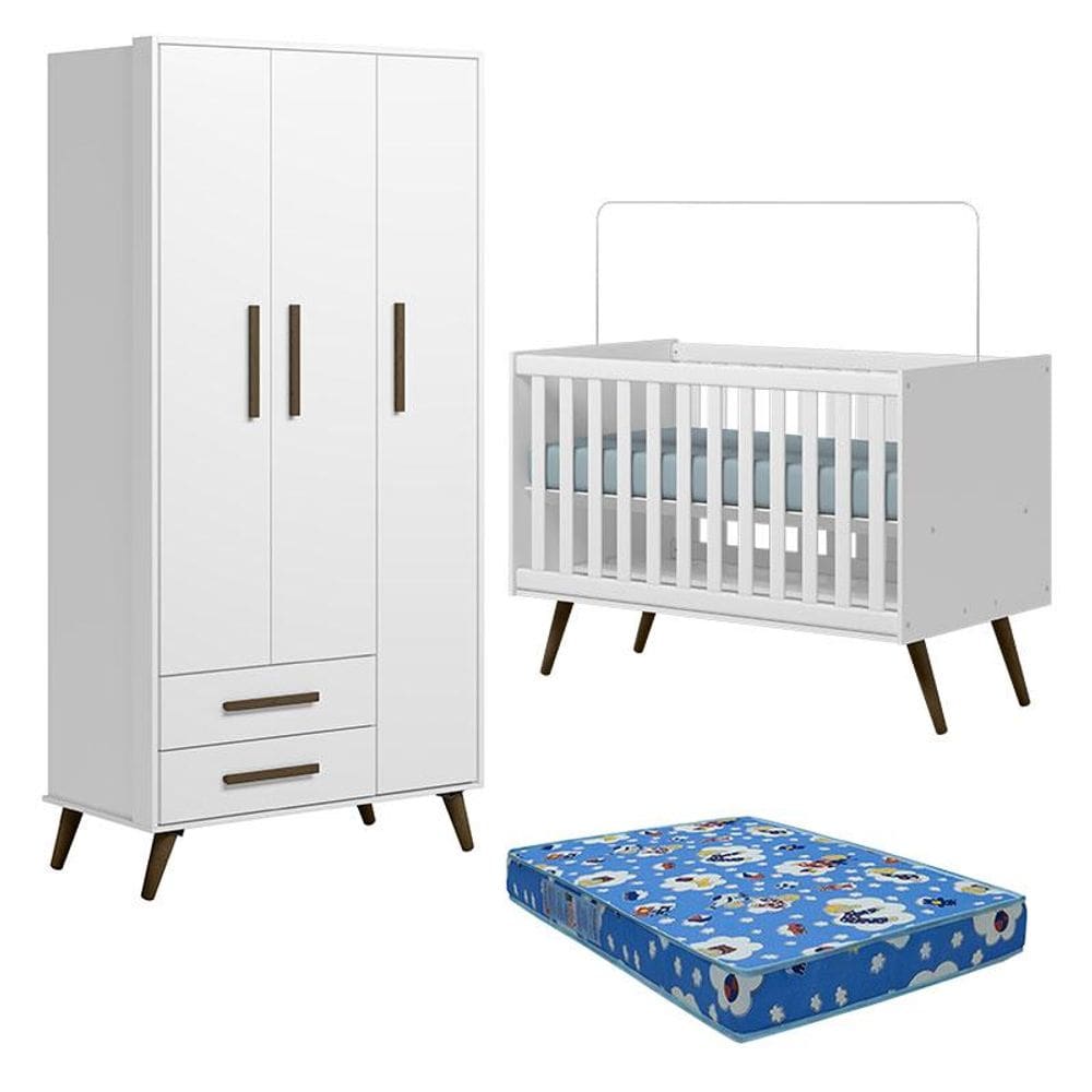 Berço Americano 3820 e Guarda Roupa 3830 Q Encanto Retrô Branco Acetinado com Colchão Tend Tudo - Qmovi