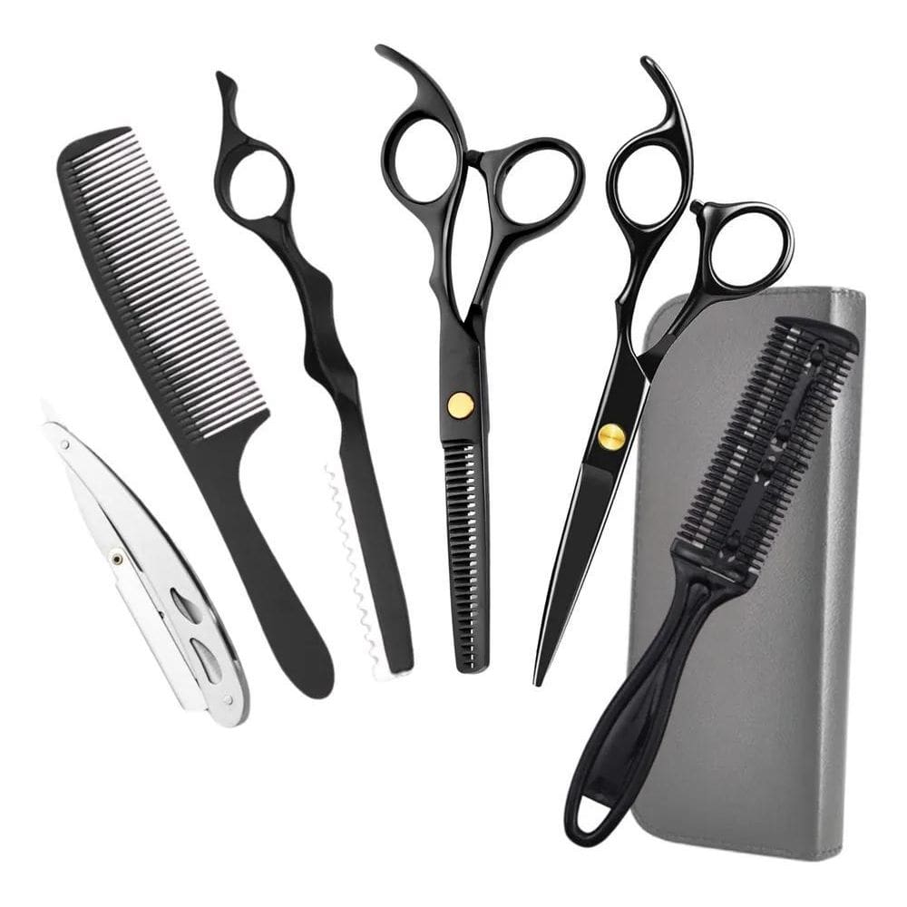 10X Kit Tesouras Barbeiro Fio Navalha E Desfiadeira E Acess