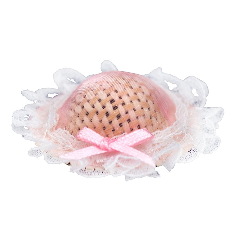 Móveis de casa de bonecas em miniatura, chapéu de palha de renda rosa 4,4 cm