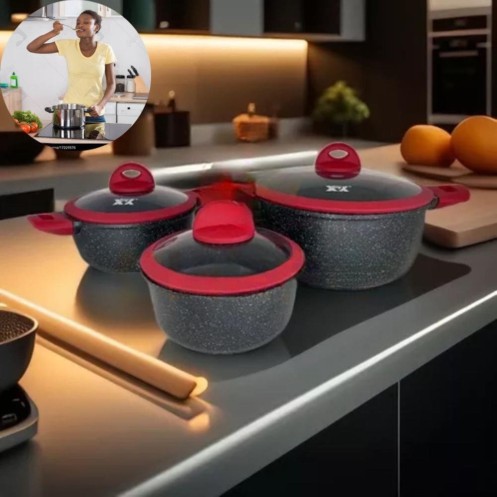 Conjunto Panelas Cerâmica Elegante Cor Preta Vermelho