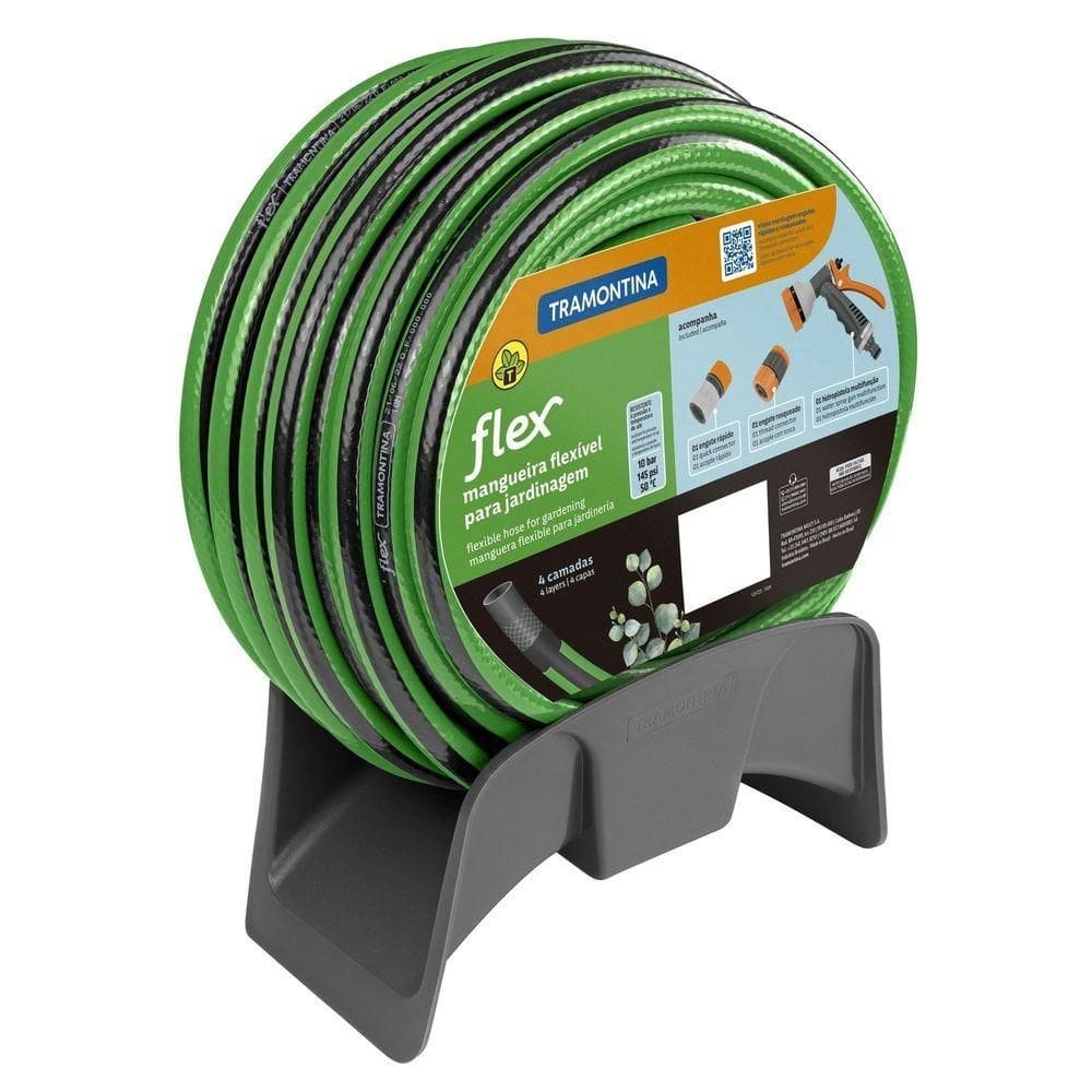 Mangueira Flex Jardim Tramontina Verde Com Faixa Preta Em Pvc 4 Camadas 20 M Com Acessórios Tramontina
