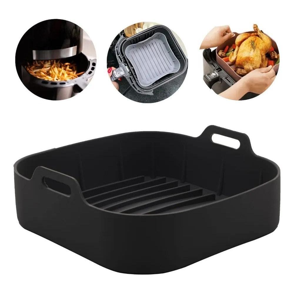 2X Forma Quadrada De Silicone Para Airfryer Multiuso Preta 2