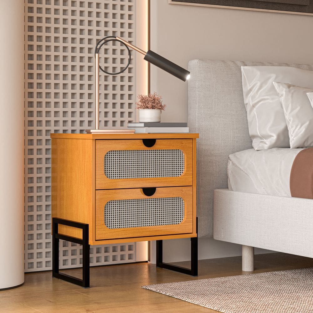 Mesa de Cabeceira Palha Indiana Luxo Titanium com Fino Acabamento 45cm - Nature / Preto