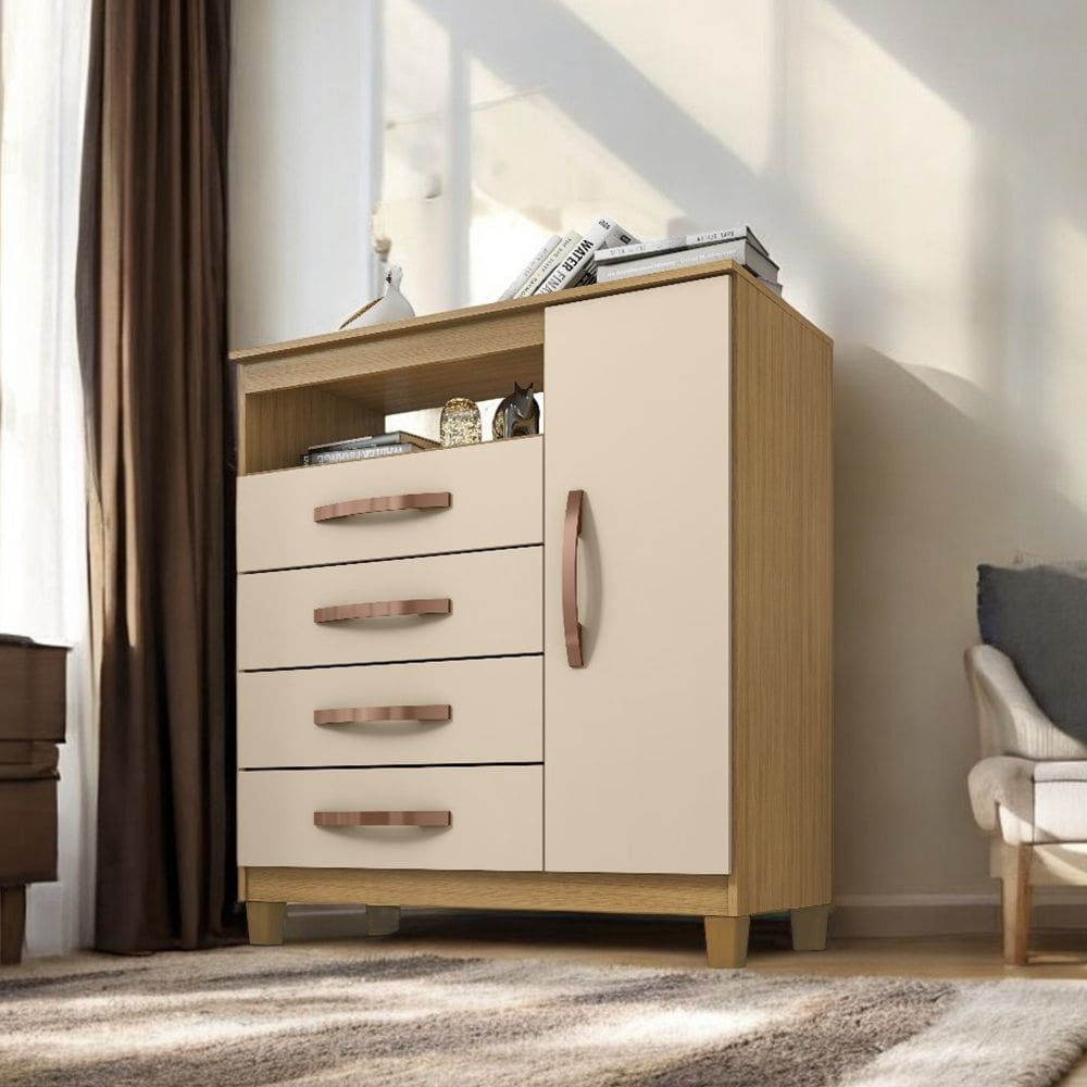 Cômoda Sapateira Prática Miami 1 Porta e 4 Gavetas Carvalho Off White