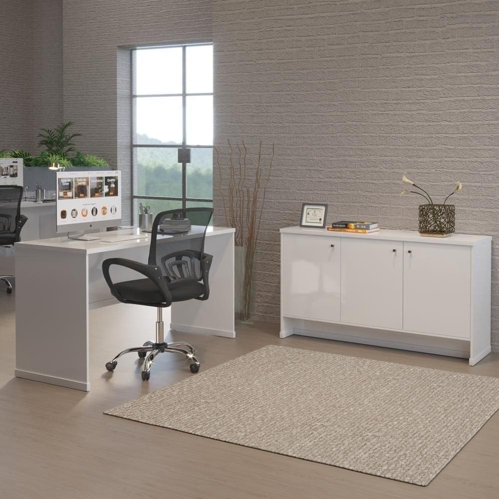 Conjunto Escritório Office Mesa E Buffet Verbena - Vianossa - Branco Branco