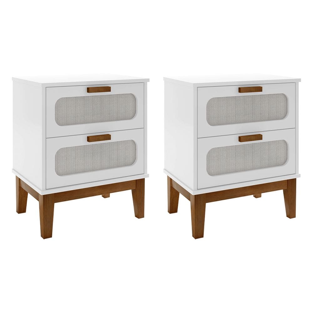 Kit 2 Mesas de Cabeceira Retrô 2 Gavetas Santorini 45 Cm com Tela Indiana Branco
