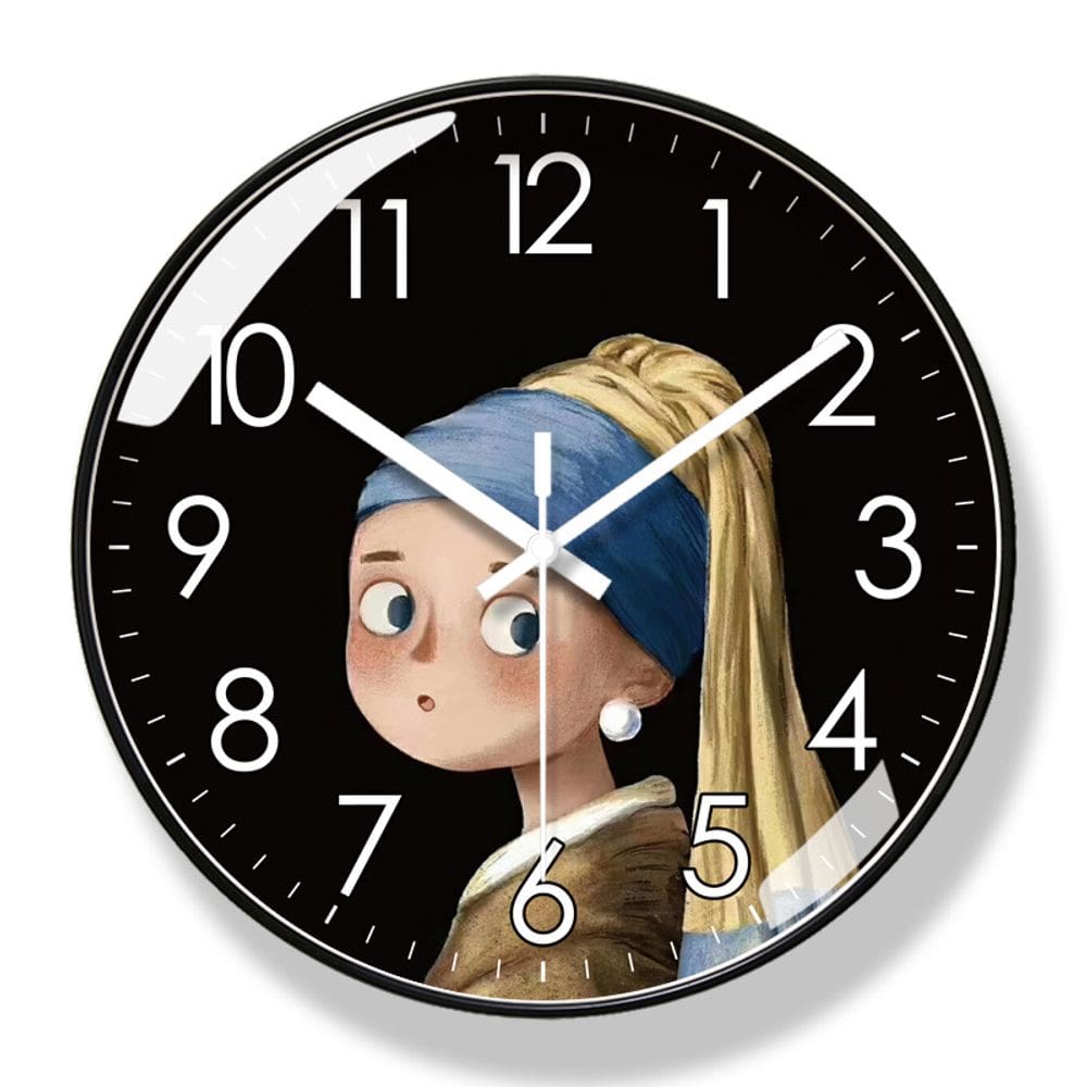Relógio de parede Cartoon Girl com brinco de pérola que não bate