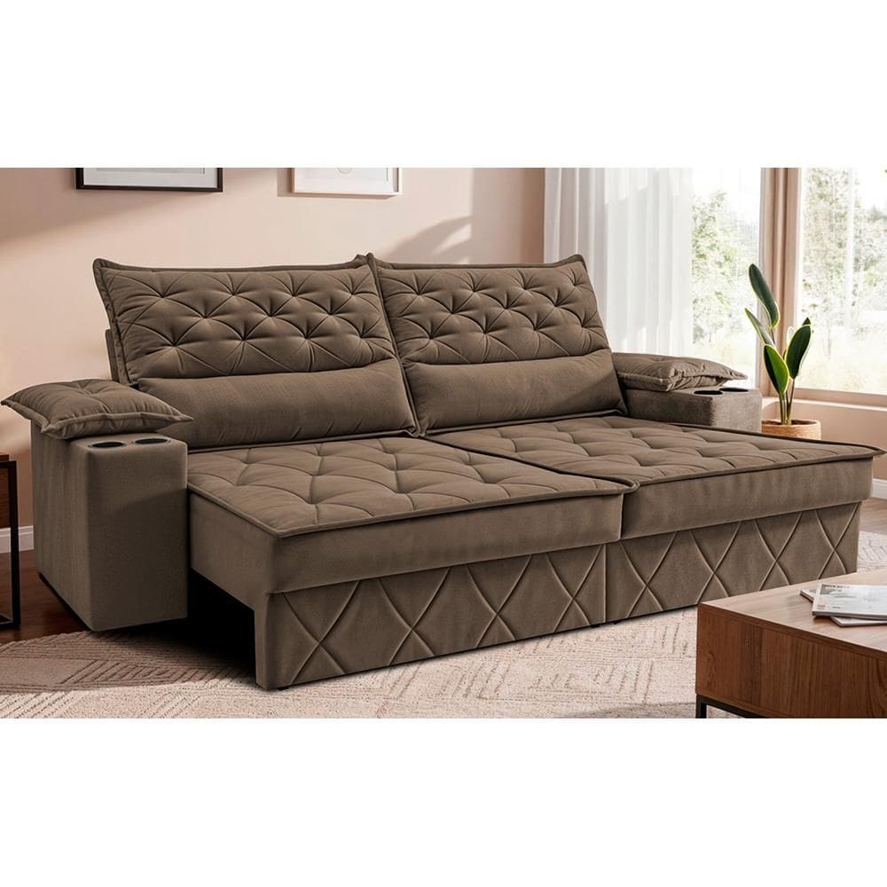 Sofá Retrátil e Reclinável 2,10m com Porta Copos e Molas Cosmos. Velusoft Cama inBox