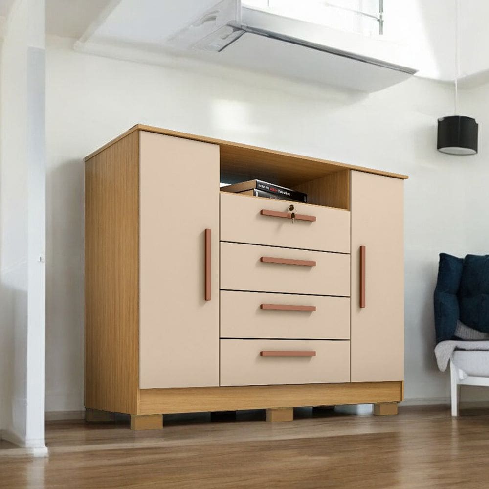 Cômoda Reforçada Organizadora London Luxo 2 Portas e 4 Gavetas Carvalho Off White