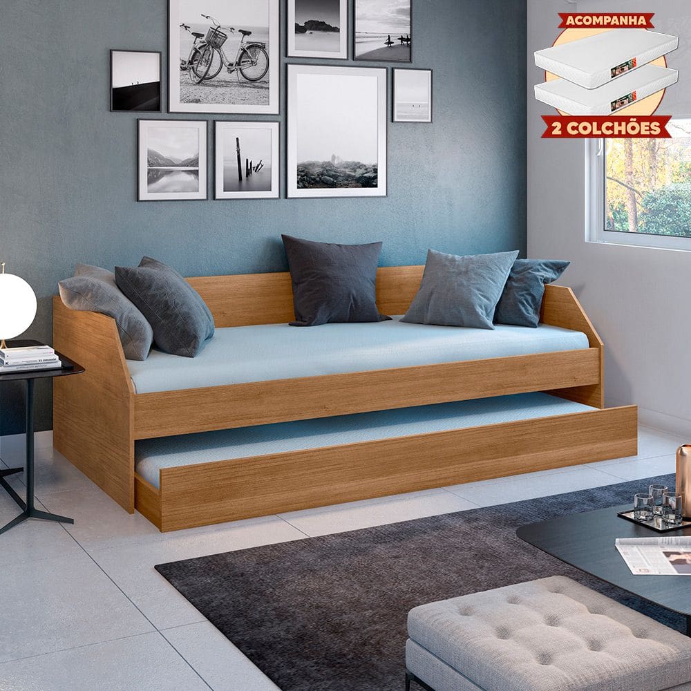 Sofá Cama Solteiro Multiuso Duo com Cama Auxiliar em Mdf Reforçado 15mm Amendoa com 2 Colchões
