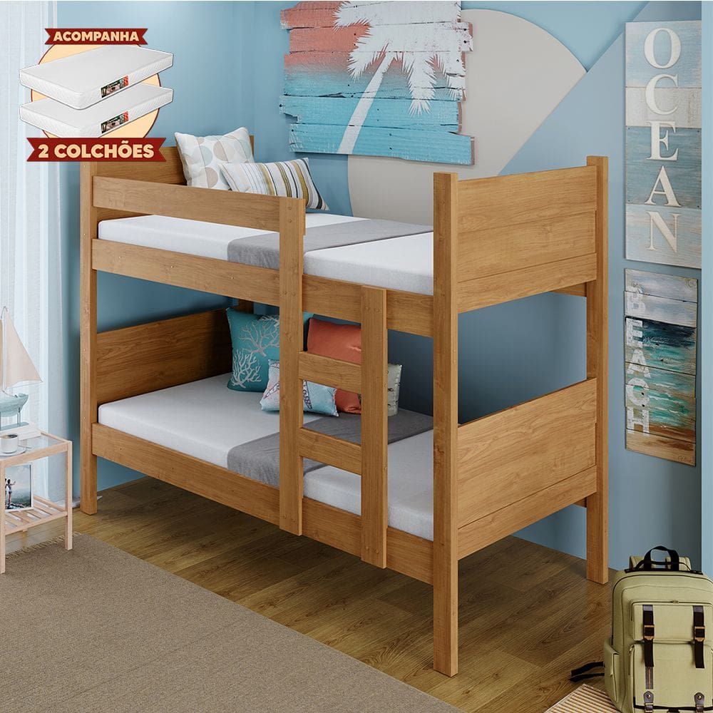 Beliche Reforçada 100% Mdf Fortaleza - Duas Camas Solteiro Compacta e Moderna Amêndoa com 2 Colchões