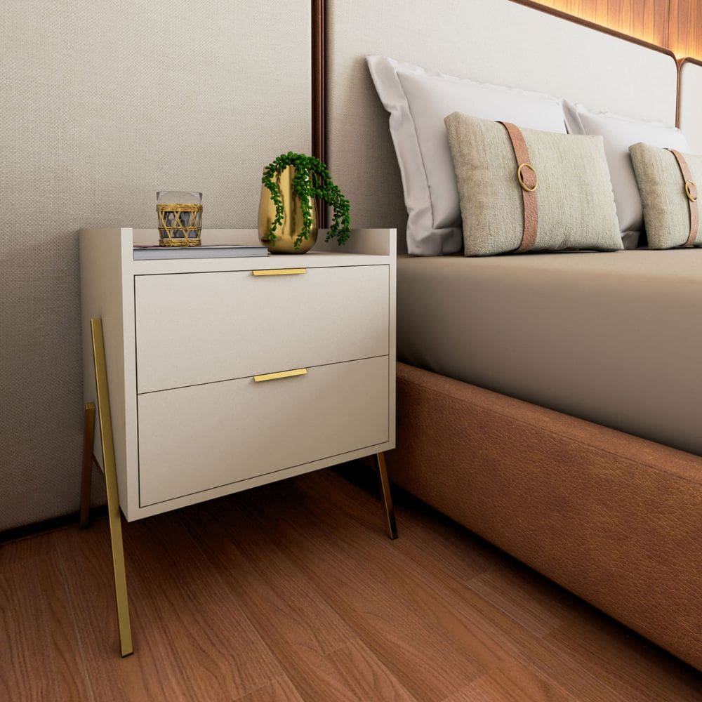 Mesa de Cabeceira Moderno com 2 Gavetas Asher 63cm - Off-white