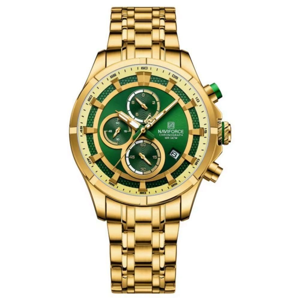 Relógio Masculino De Luxo Negócios Luminoso à Prova D´agua Pulseira Aço Inoxidável Verde Dourado