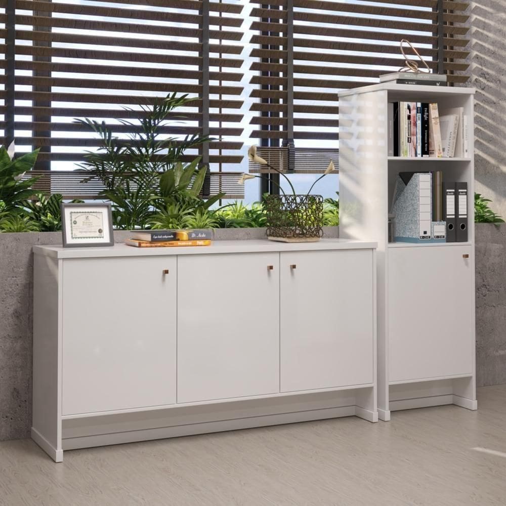 Conjunto Escritório 2 Peças - Buffet E Armário Verbena - Branco Branco