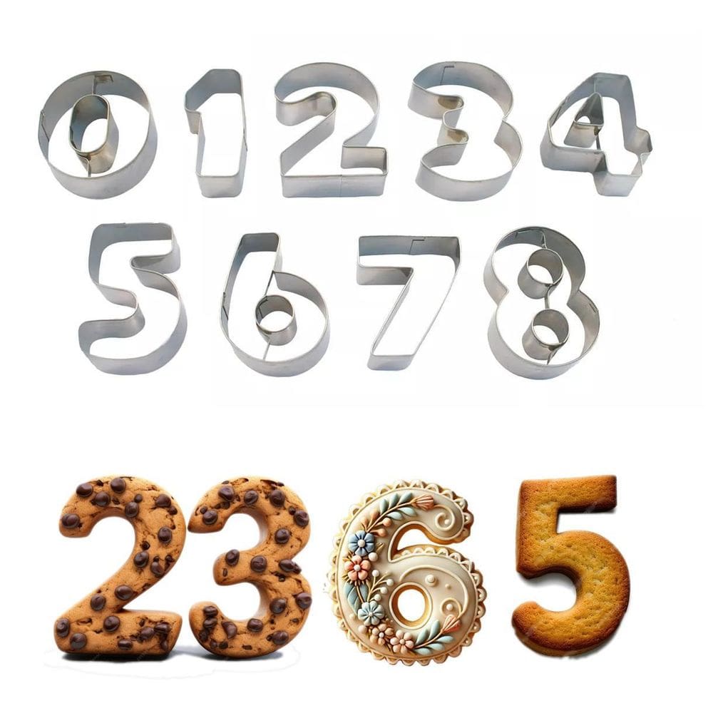 Kit 9Pçs Molde Culinário Cortador Aço Inox Números Biscoito